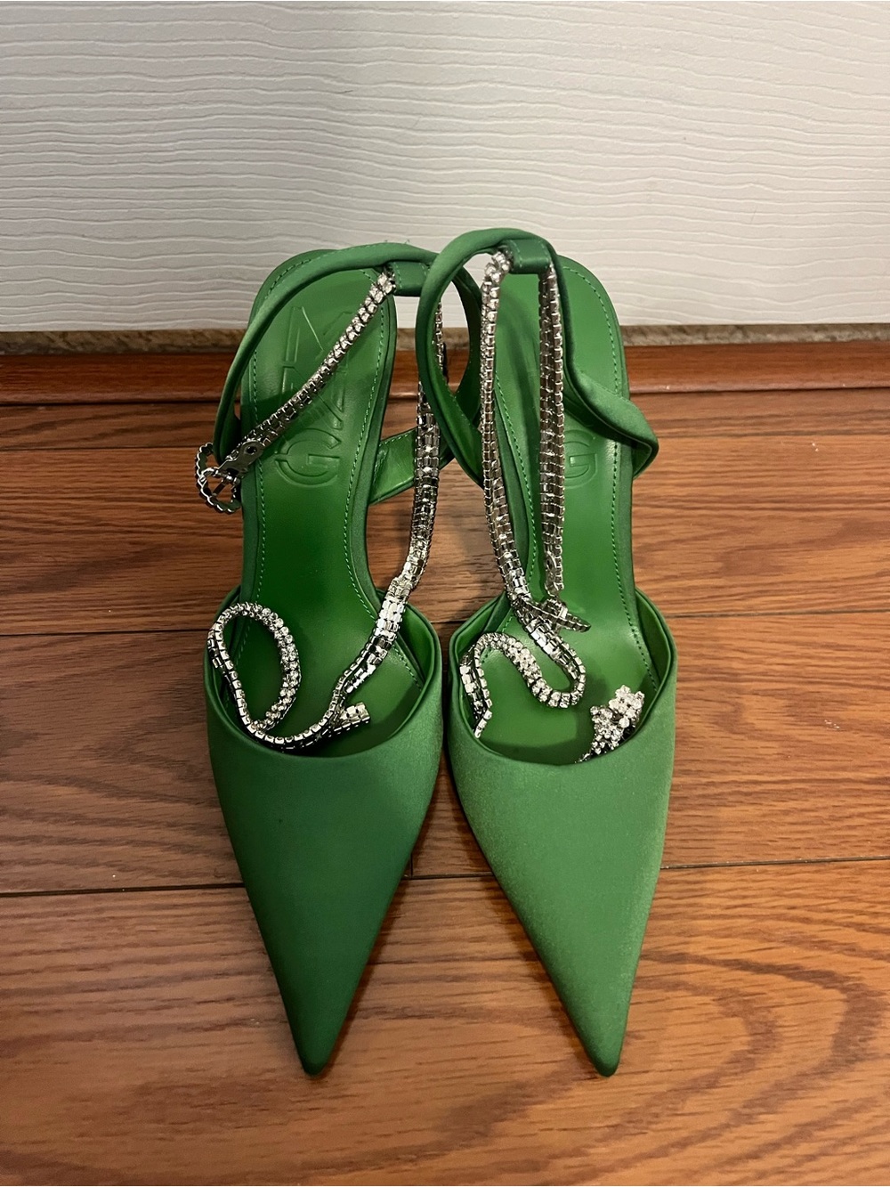 Mango Green Pointed Toe Slingback Heels with Crystal Straps, Size 37 / 7